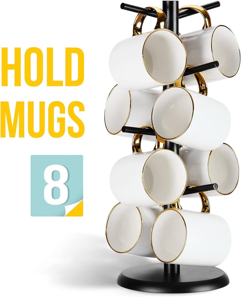 Lorbro Coffee Mug Tree with 8 Hooks, Mug Tree Stand, Wooden Coffee Cup Holder, Countertop Mug Tree, Mug Stand Kitchen Organizer, Cafe Accessories Decor & Kitchen Organizer Storage Stand (Black) - Image 1
